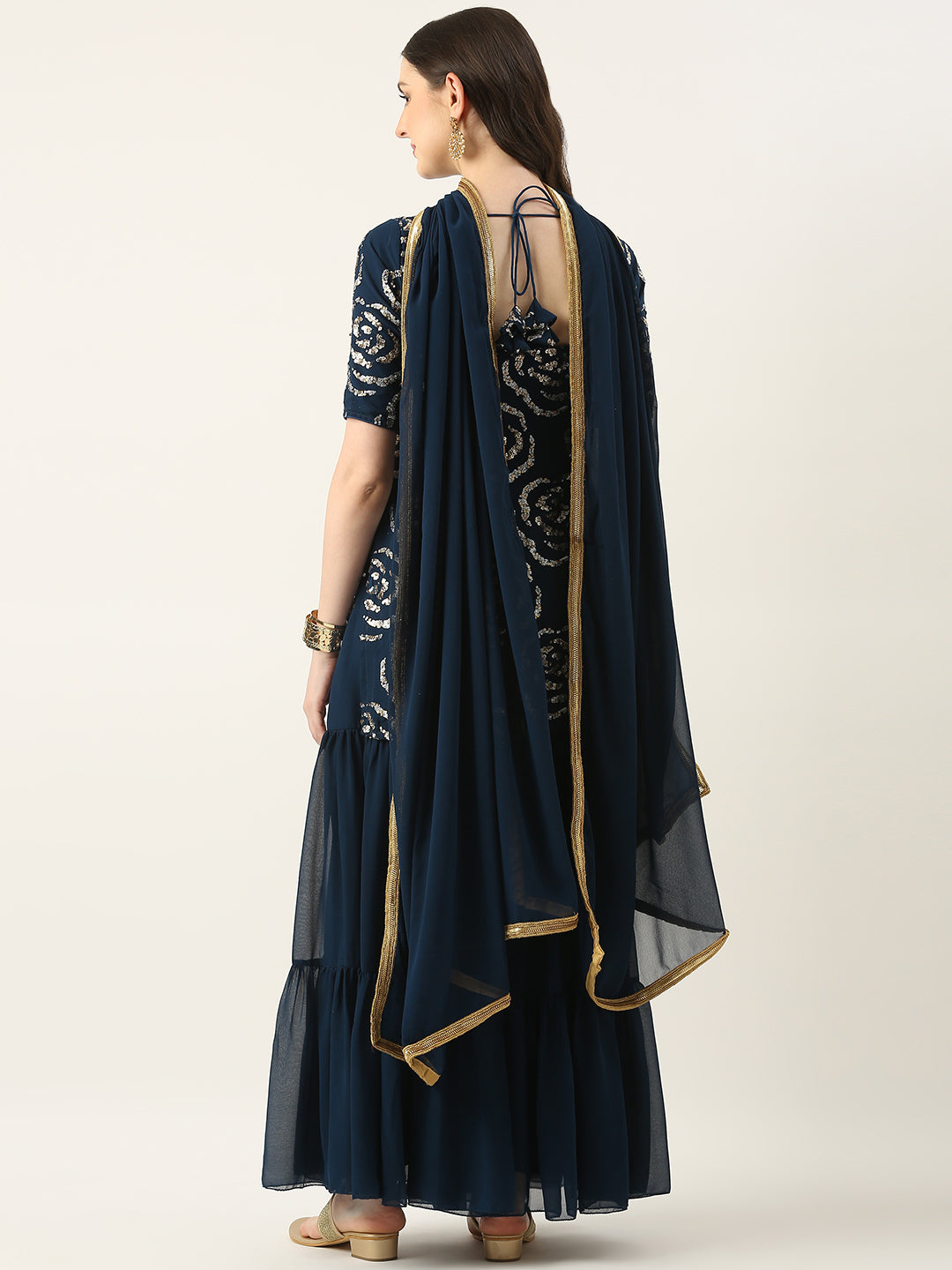 Bollywood Vogue Ready To Wear Navy Blue Georgette Embroidered Gharara Suit - Back View