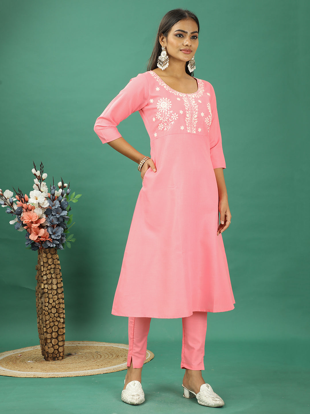 Bollywood Vogue Ready To Wear Pink Rayon Embroidered Narrow Straight Pant Suit - Side View