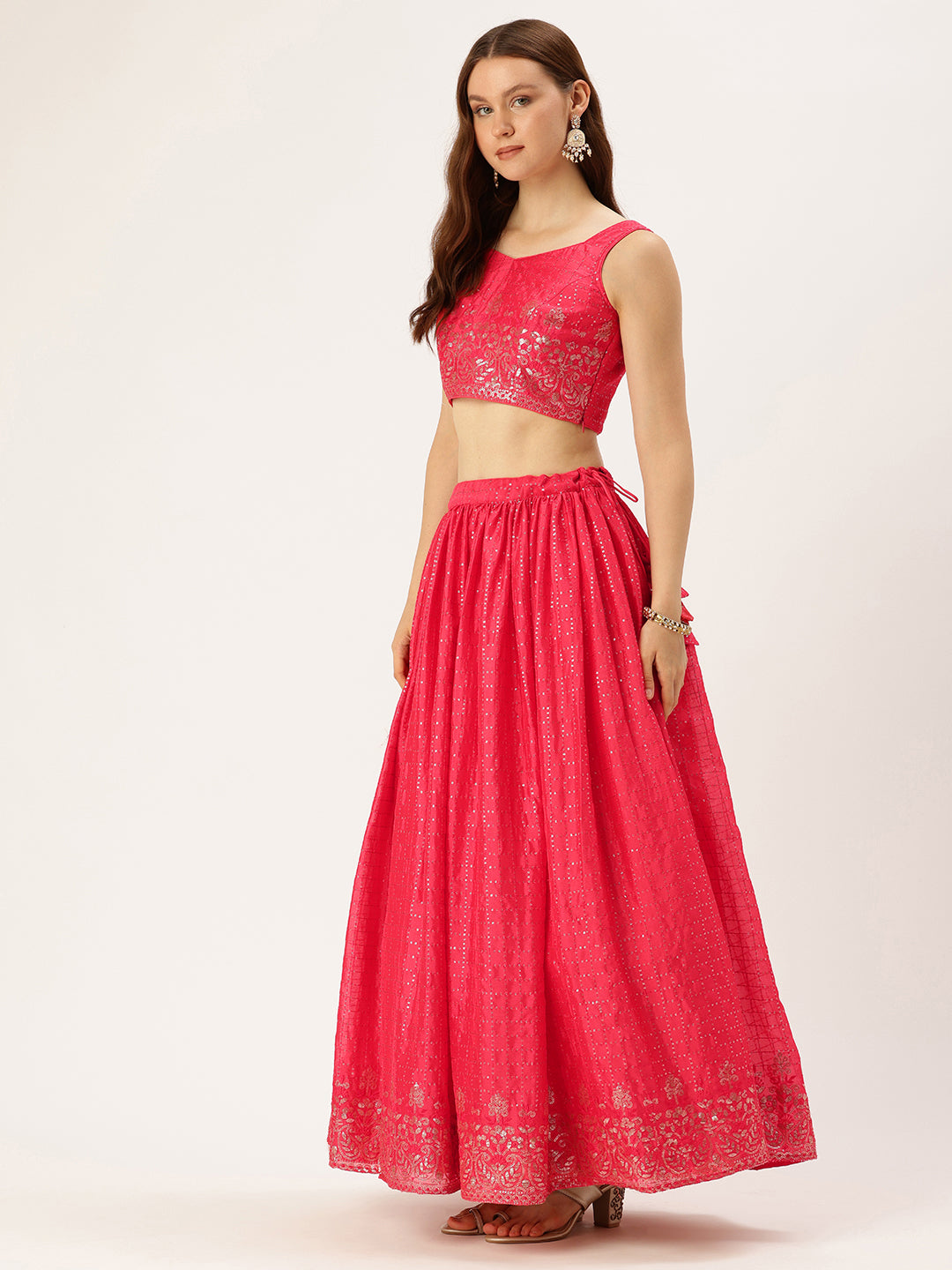 Bollywood Vogue Ready To Wear Coral Chinon Embroidered Sequins Lehenga Set - Side View