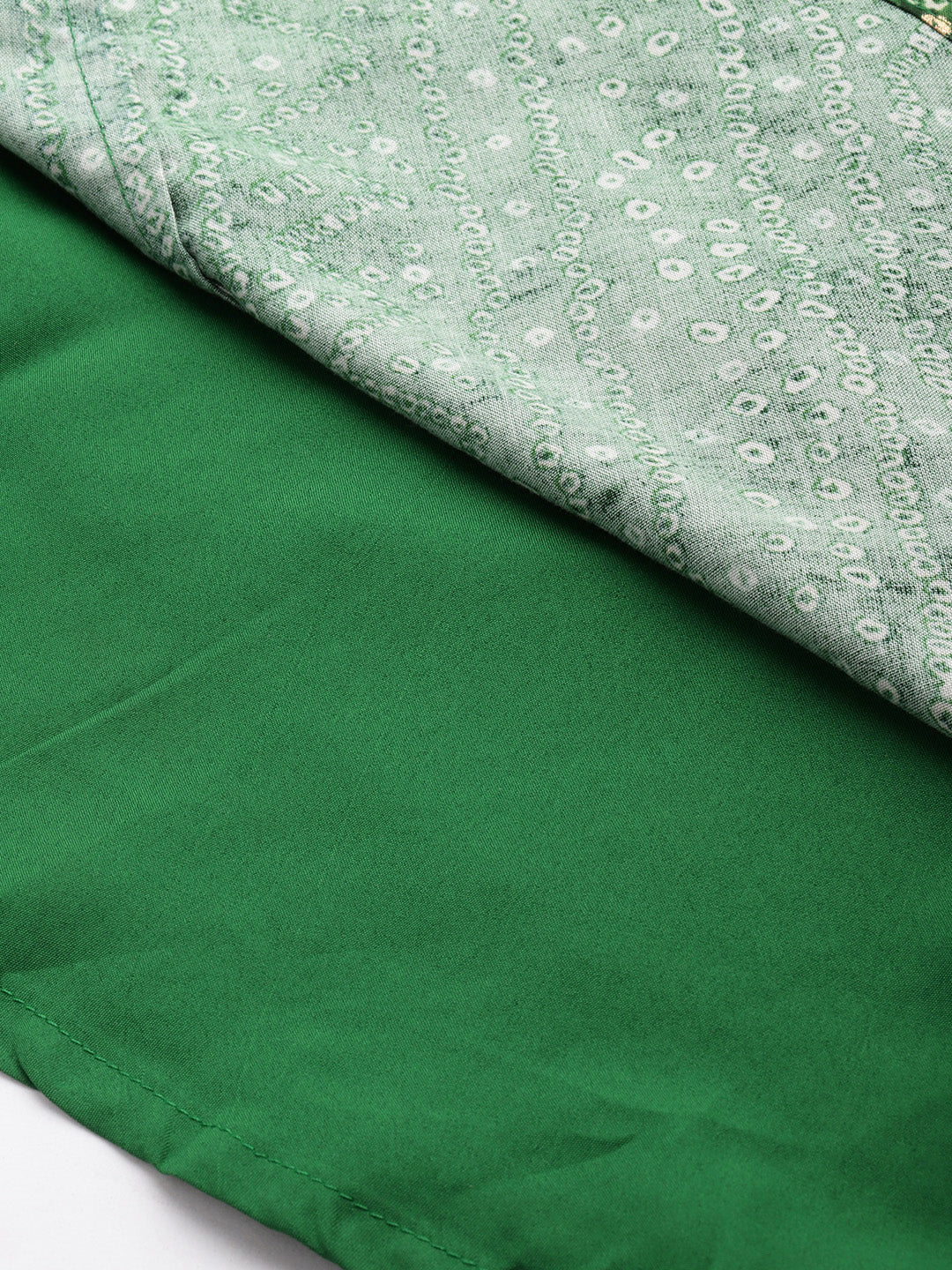 Bollywood Vogue Ready To Wear Green Bandhani Printed Rayon Gown With Dupatta Set - Back View