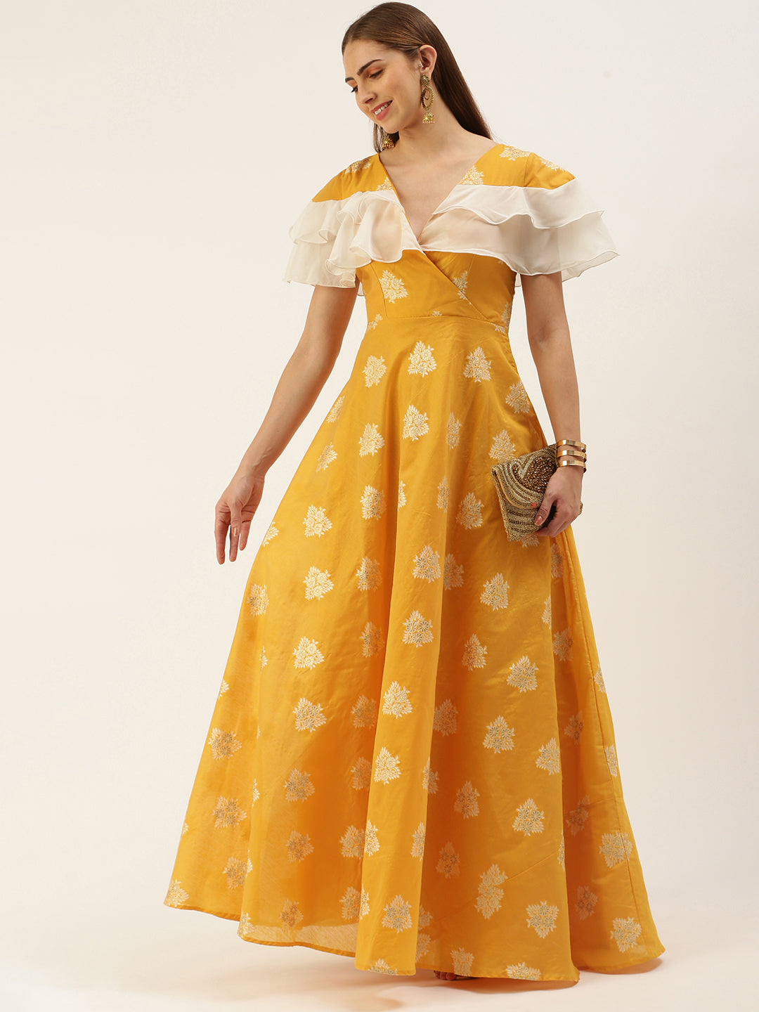 Bollywood Vogue Ready To Wear Mustard Art Silk Ruffled Dress - Front View