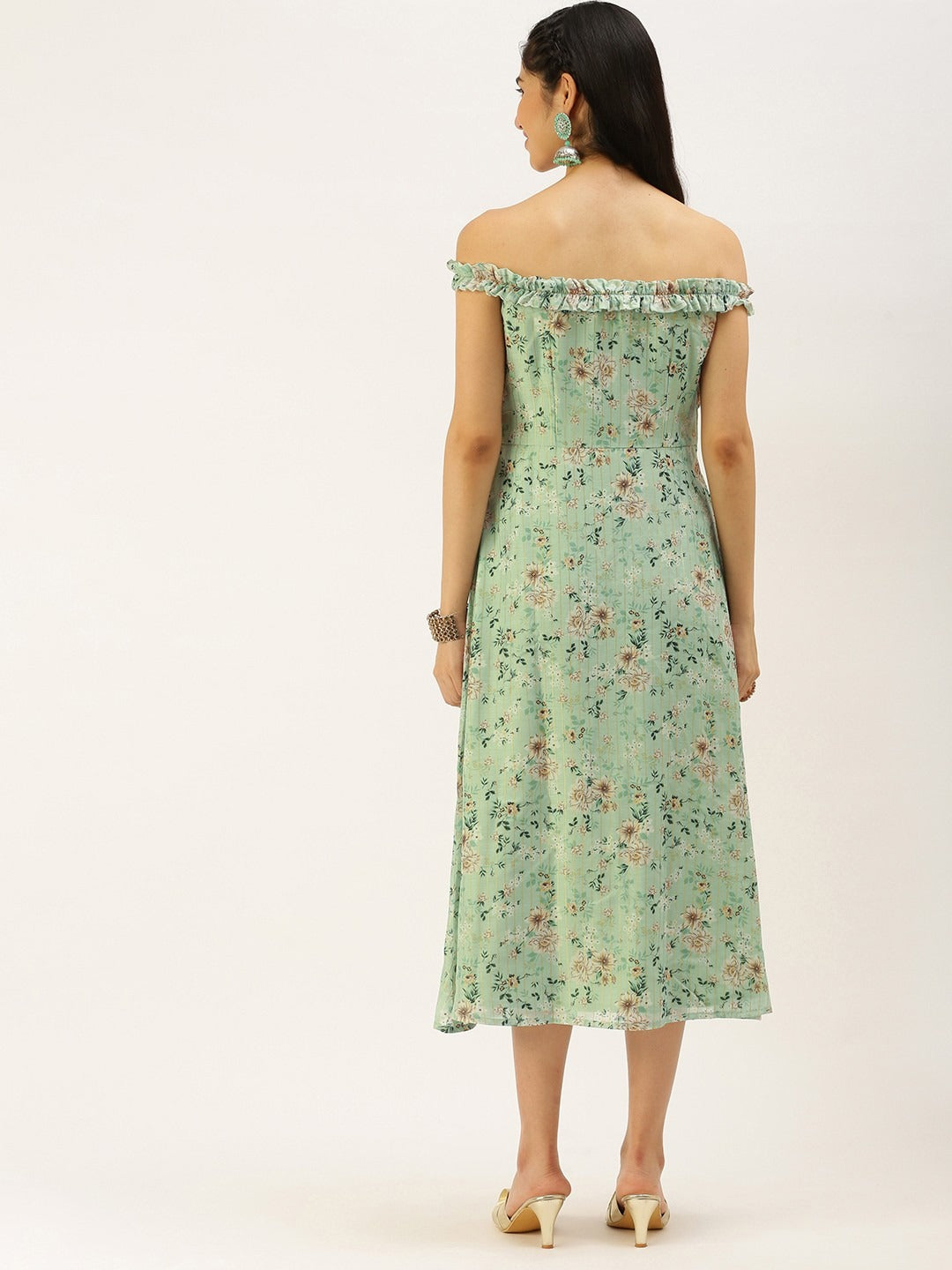 Bollywood Vogue Ready To Wear Green Muslin Off Shoulder Dress - Back View