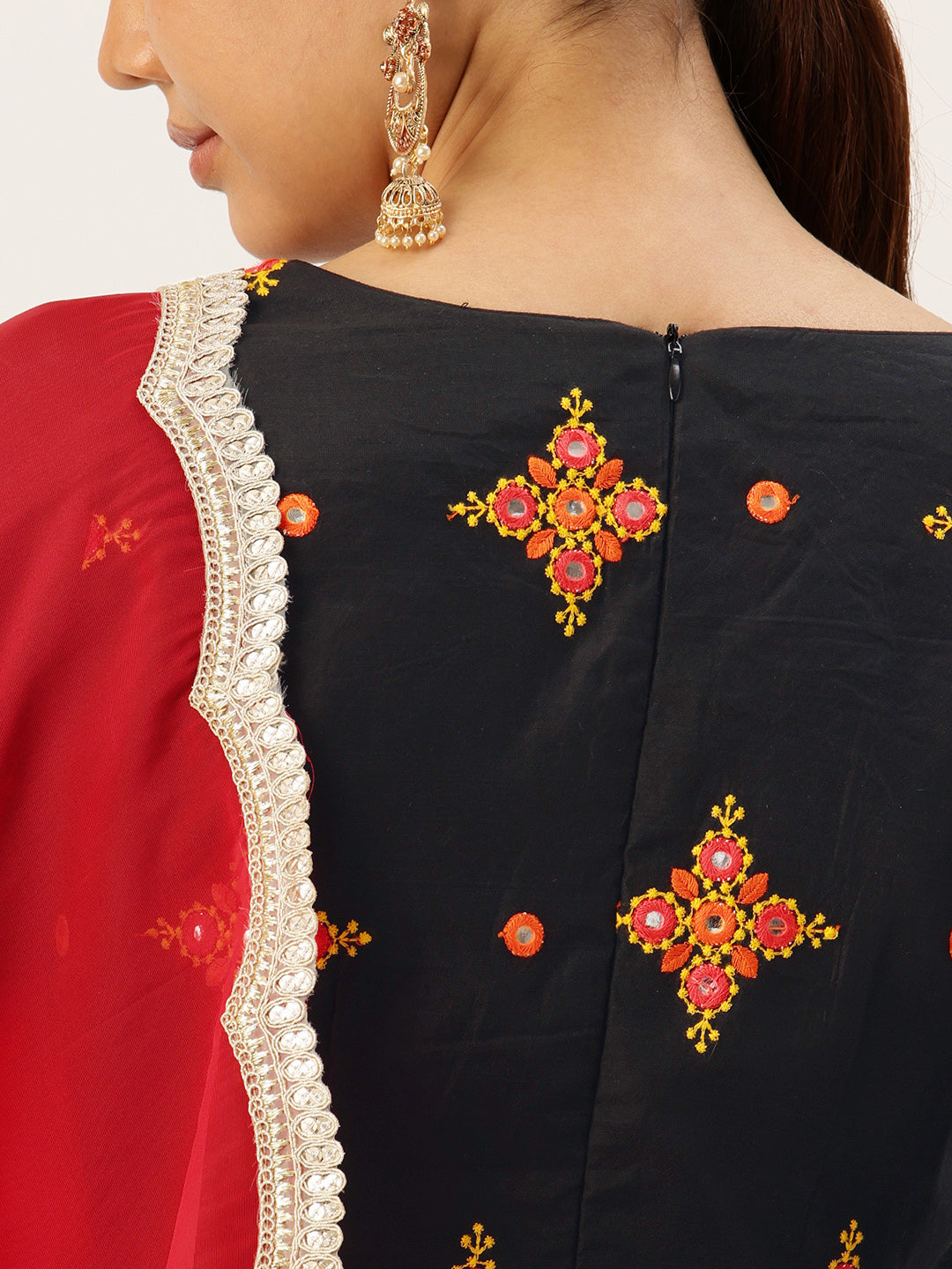 Bollywood Vogue Ready To Wear Black Embroidered Cotton Wide Leg Pant Suit - Detail View