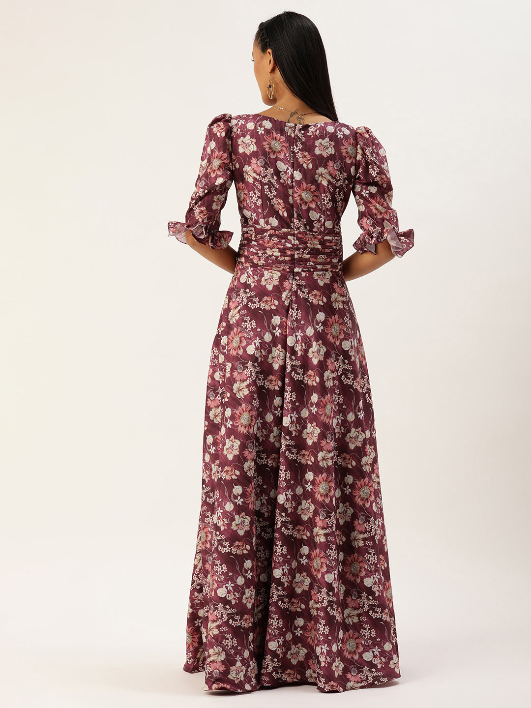 Bollywood Vogue Ready To Wear Maroon Art Silk Printed Gown - Back View