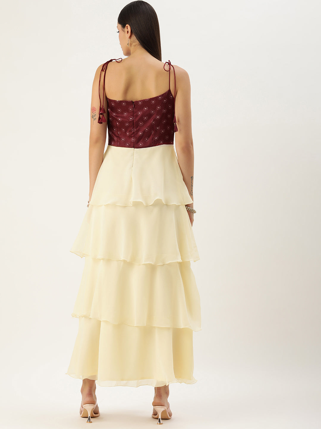 Bollywood Vogue Ready To Wear Maroon Art Silk Printed N Off White Layered Dress - Back View