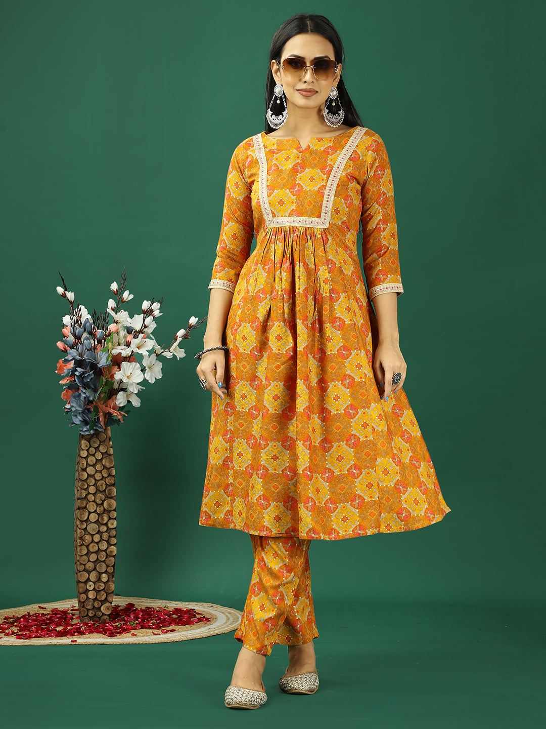 Bollywood Vogue Ready To Wear Yellow Printed Viscose Kurta Straight Pant Set - Front View