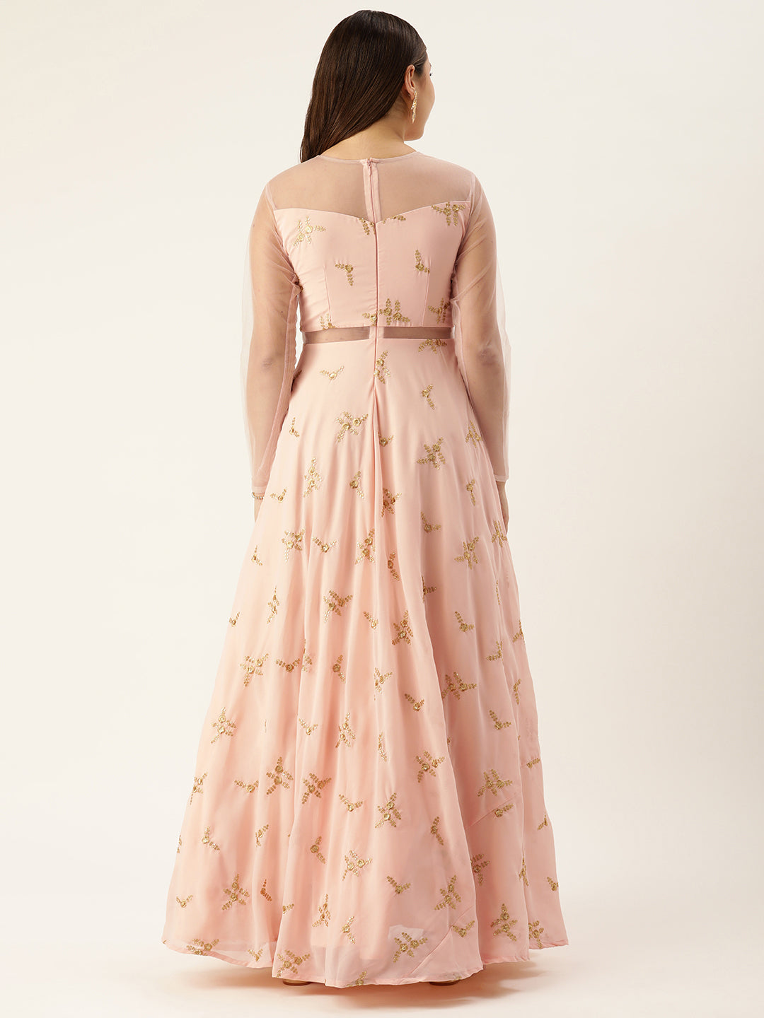 Bollywood Vogue Ready To Wear Peach Georgette Embroidered Gown - Side View