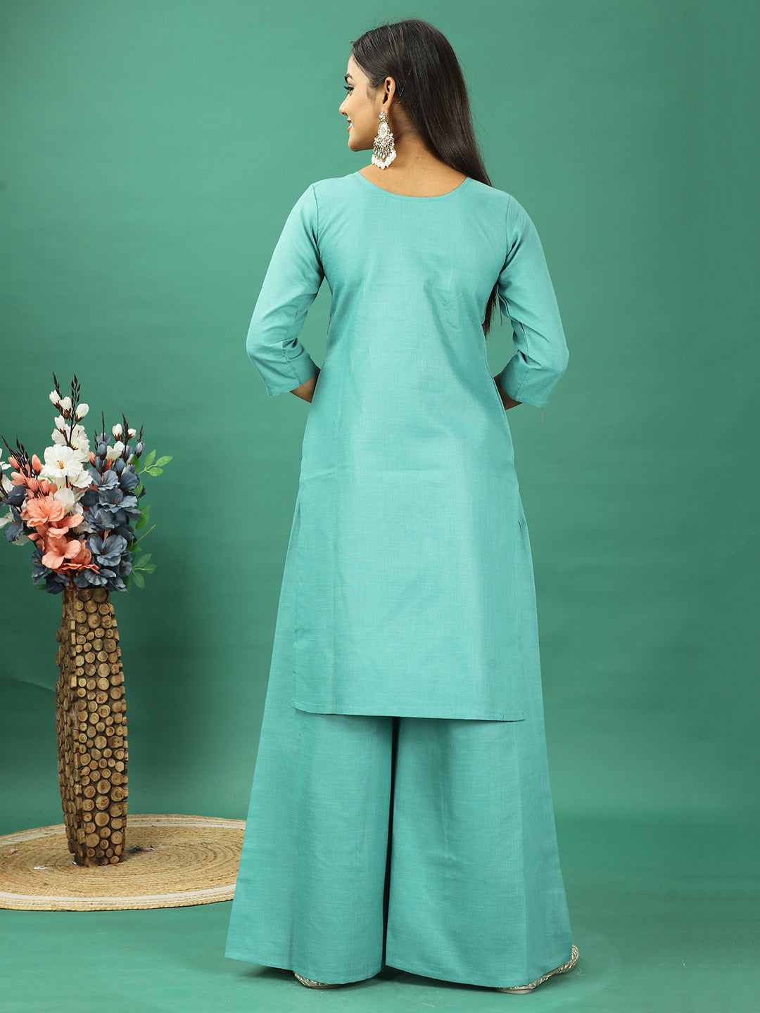 Bollywood Vogue Ready To Wear Green Rayon Embroidered Palazzo Suit - Back View