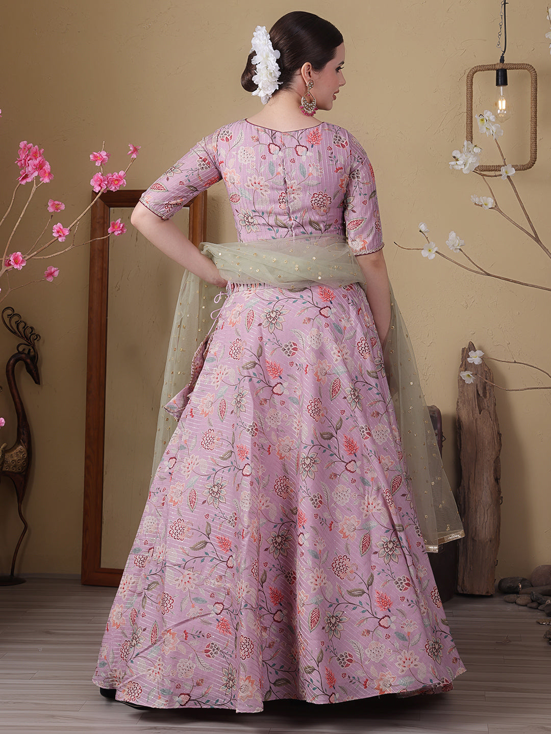 Bollywood Vogue Ready To Wear Mauve Digital Printed Boat Neck Lehenga - Back View