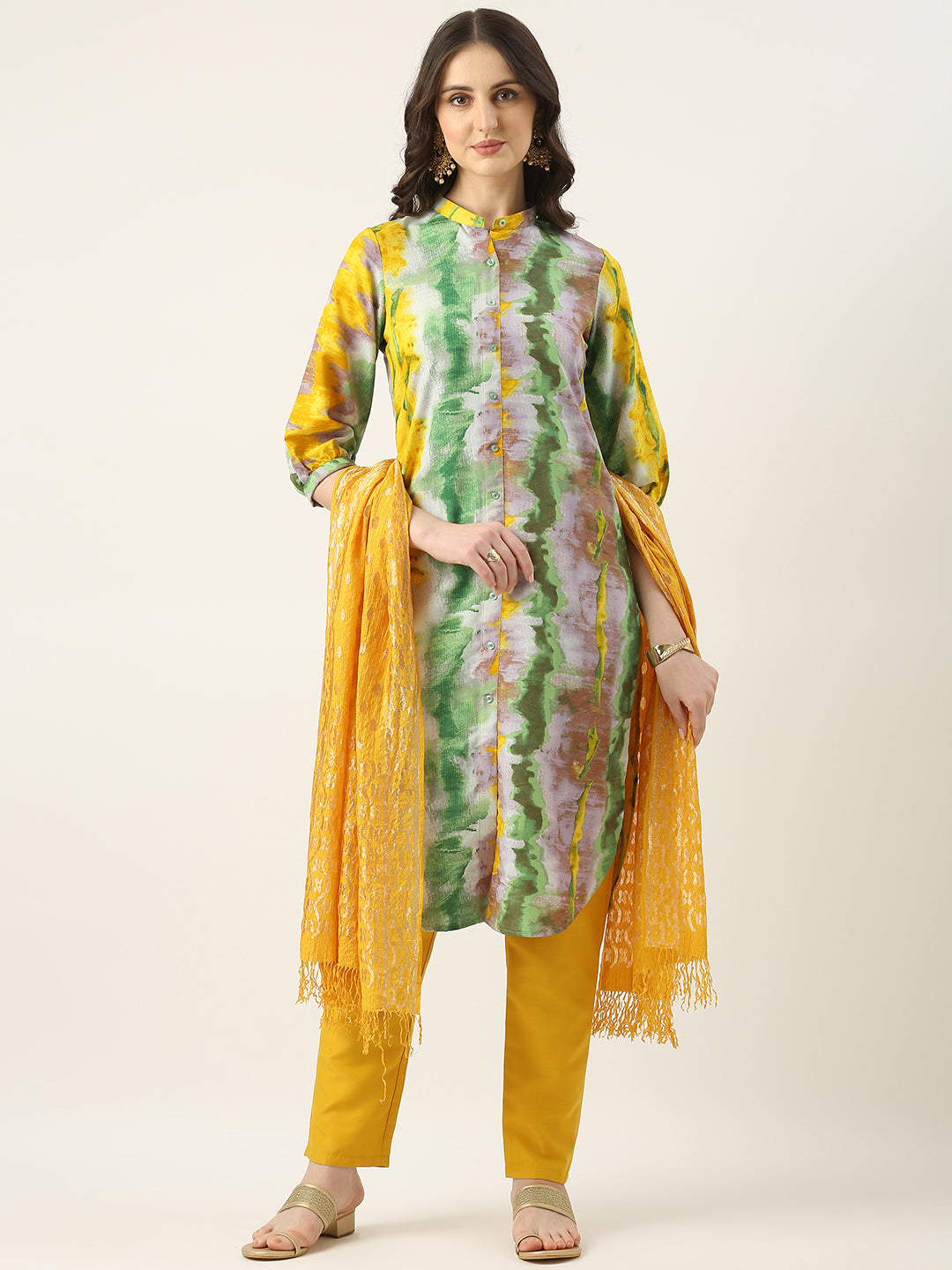 Bollywood Vogue Ready To Wear Multicolored Rayon Printed Straight Pant Suit - Front View