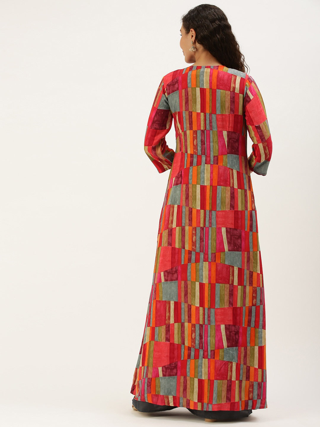 Bollywood Vogue Ready To Wear Dark Grey Palazzo Pant Set N Multicolored Jacket - Back View