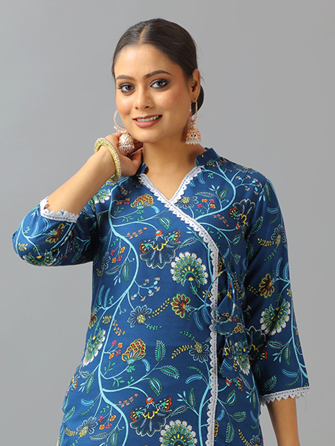 Bollywood Vogue Ready To Wear Blue Art Silk Cotton Kurta Straight Pant Suit - Additional View 1
