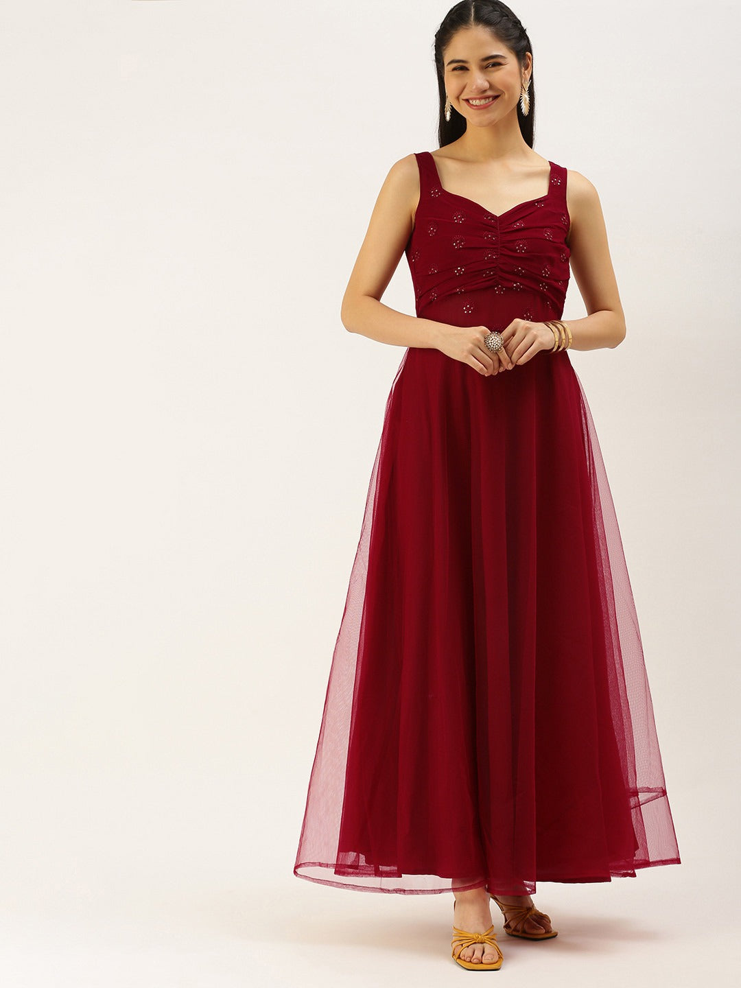 Bollywood Vogue Ready To Wear Maroon N Red Embroidered Dress - Front View