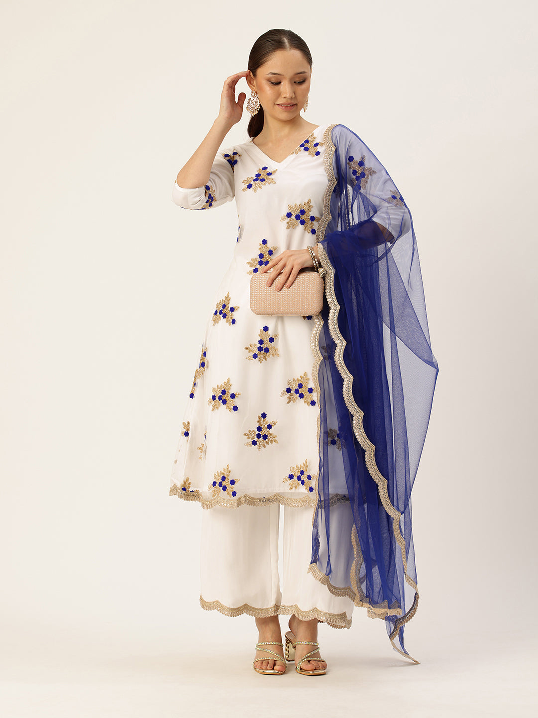 Bollywood Vogue Ready To Wear White Embroidered Net Wide Leg Pant Suit - Detail View