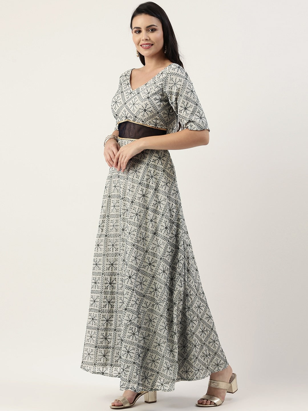 Bollywood Vogue Ready To Wear Grey Embroidered Ankle Length Gown - Detail View