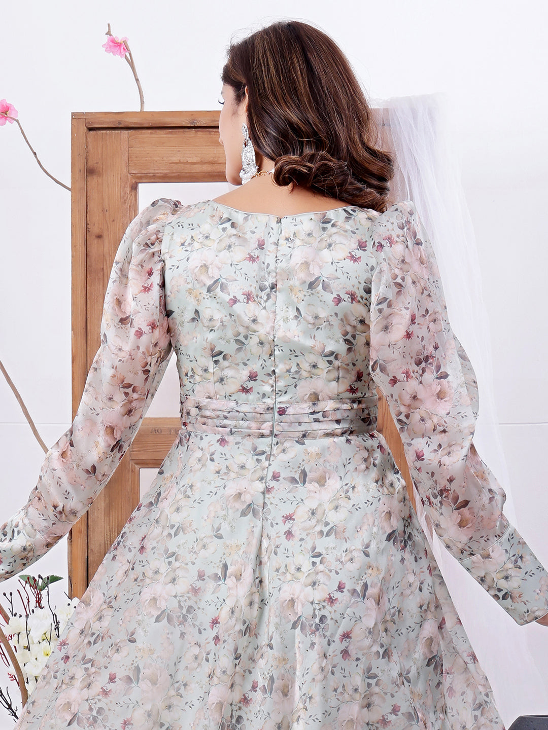 Bollywood Vogue Ready To Wear Multicolored Organza Satin Overlapped Style Gown - Look Shot