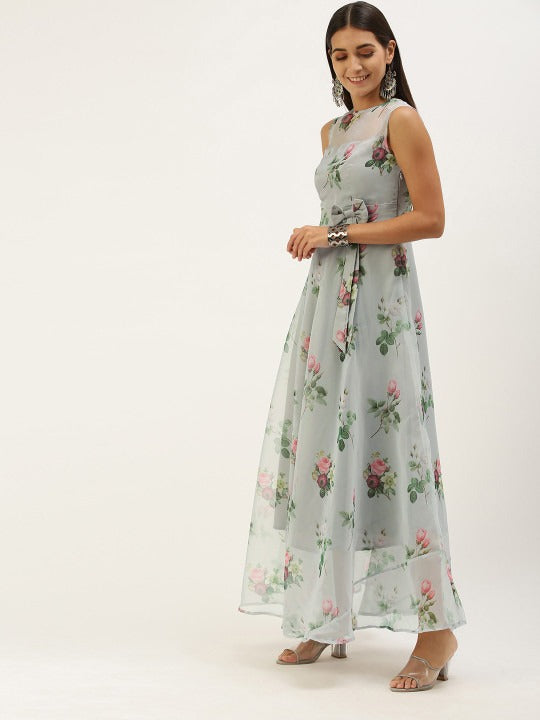 Bollywood Vogue Ready To Wear Grey Organza Digital Printed Dress - Side View