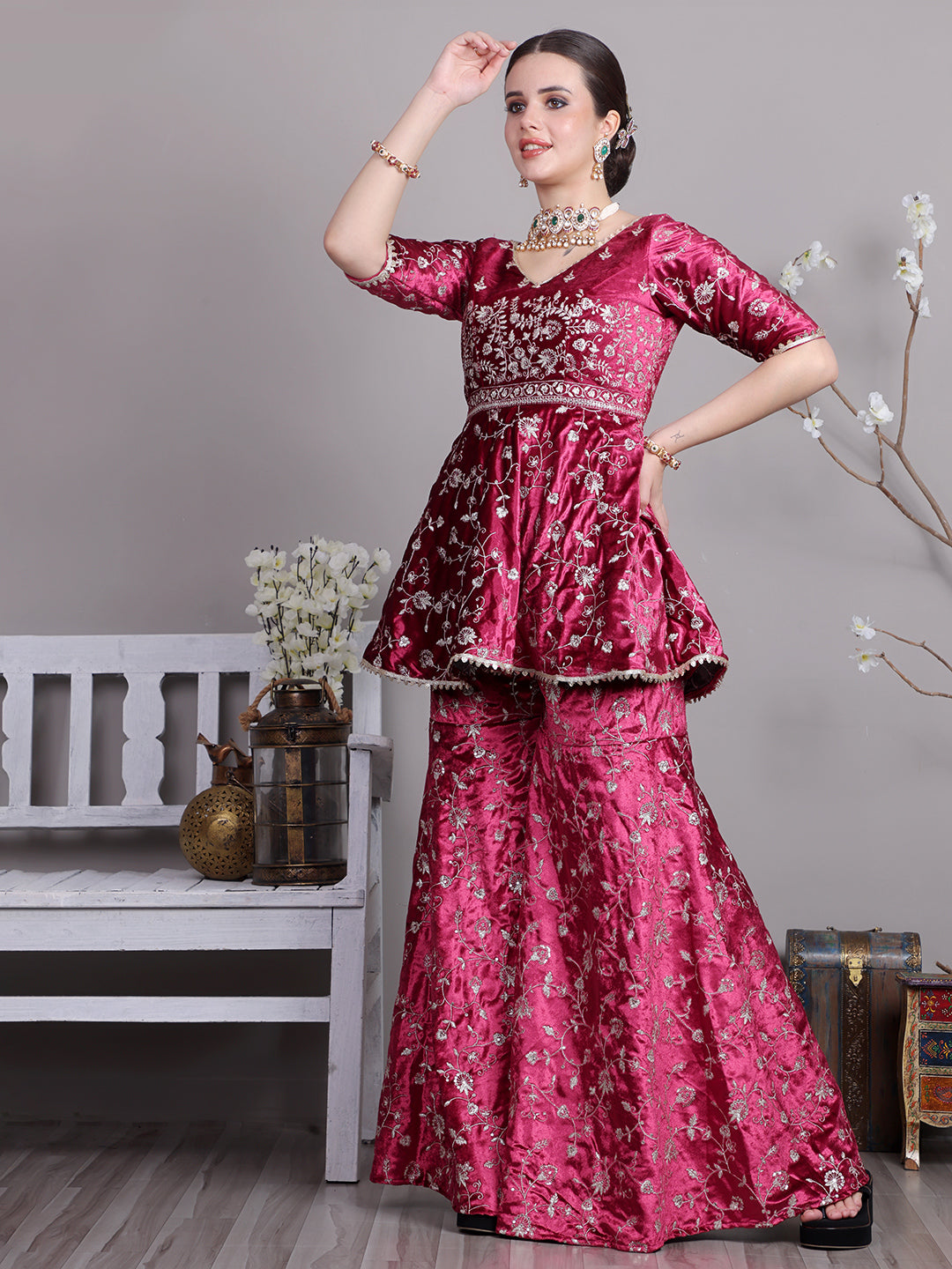 Bollywood Vogue Ready To Wear Classic Top With Velvet Embroidered Sharara Suit - Side View
