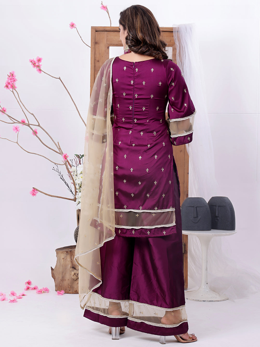 Bollywood Vogue Ready To Wear Wine Art Silk Embroidered Palazzo Suit - Back View