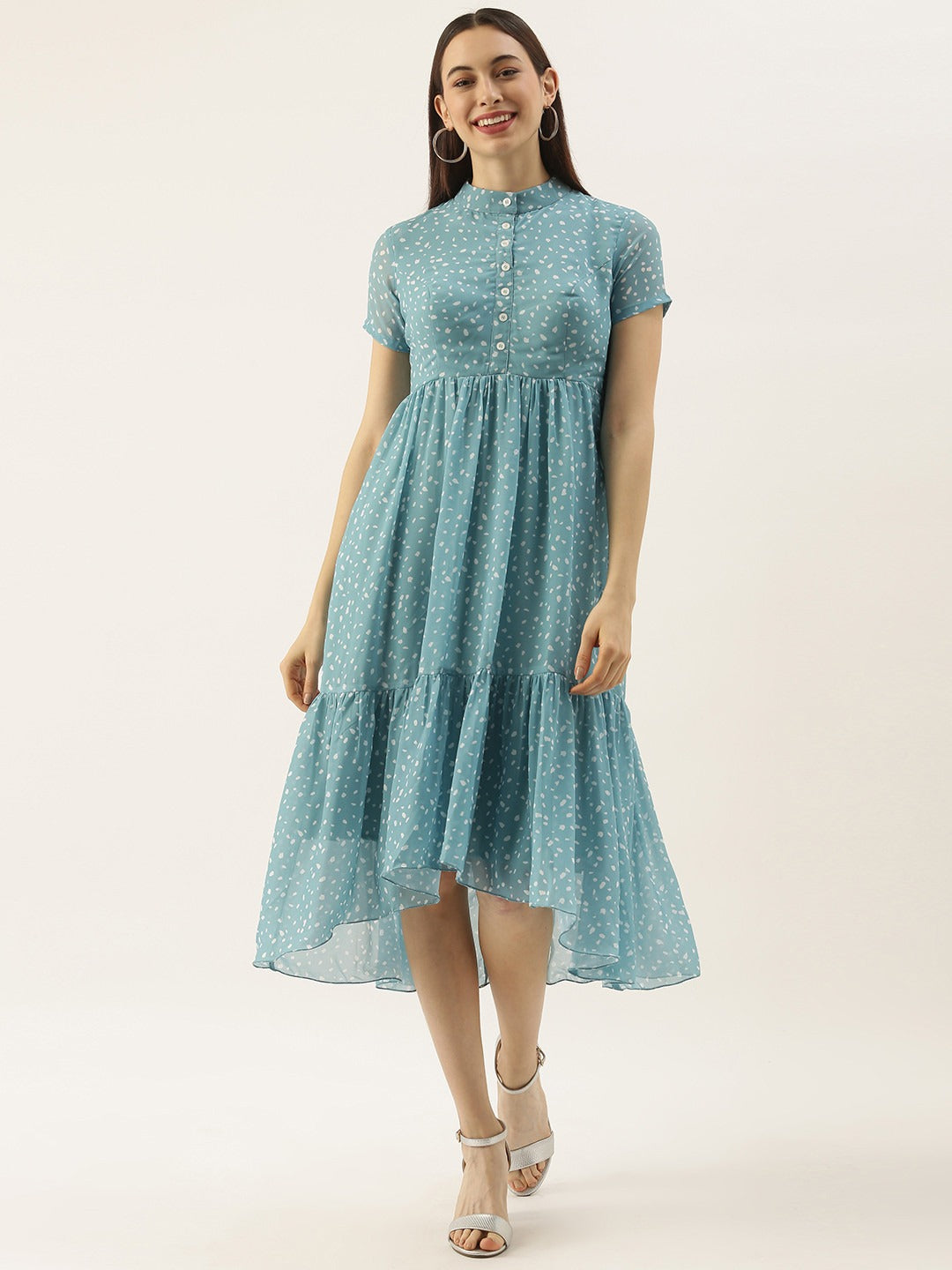 Bollywood Vogue Ready To Wear Blue N White Digital Printed High N Low Dress - Front View