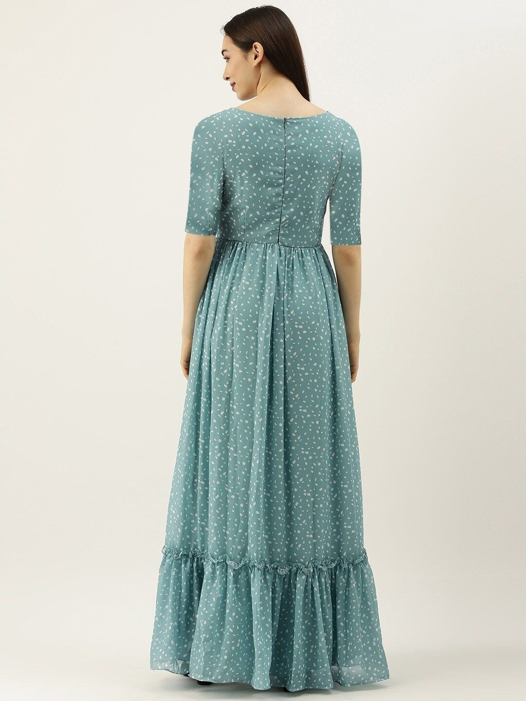 Bollywood Vogue Ready To Wear Blue N White Digital Printed Georgette Tiered Dress - Back View