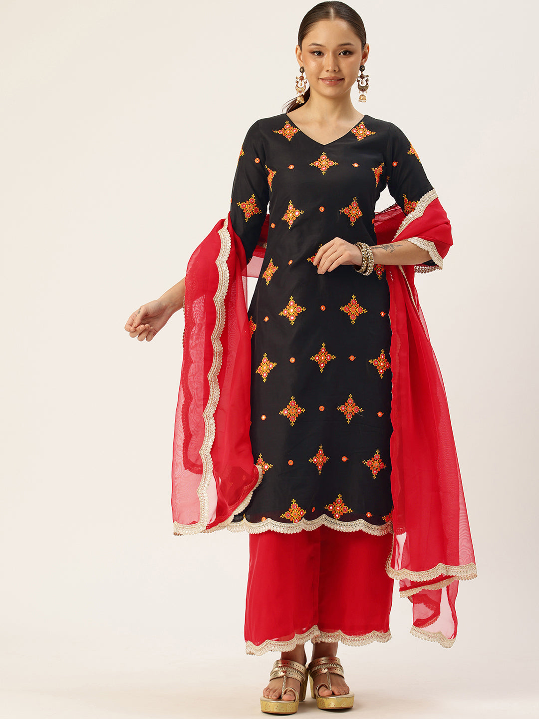 Bollywood Vogue Ready To Wear Black Embroidered Cotton Wide Leg Pant Suit - Front View