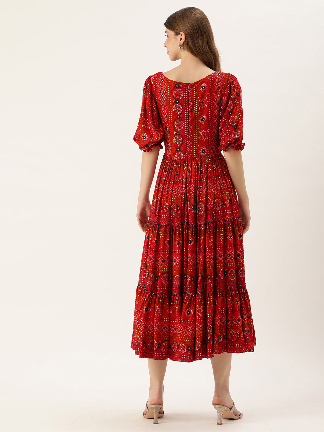 Bollywood Vogue Ready To Wear Red Printed Viscose Fabric Dress - Back View