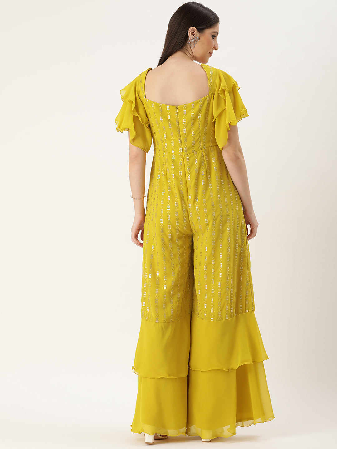 Bollywood Vogue Ready To Wear Mustard Sequins Embroidered Georgette Jumpsuit - Back View