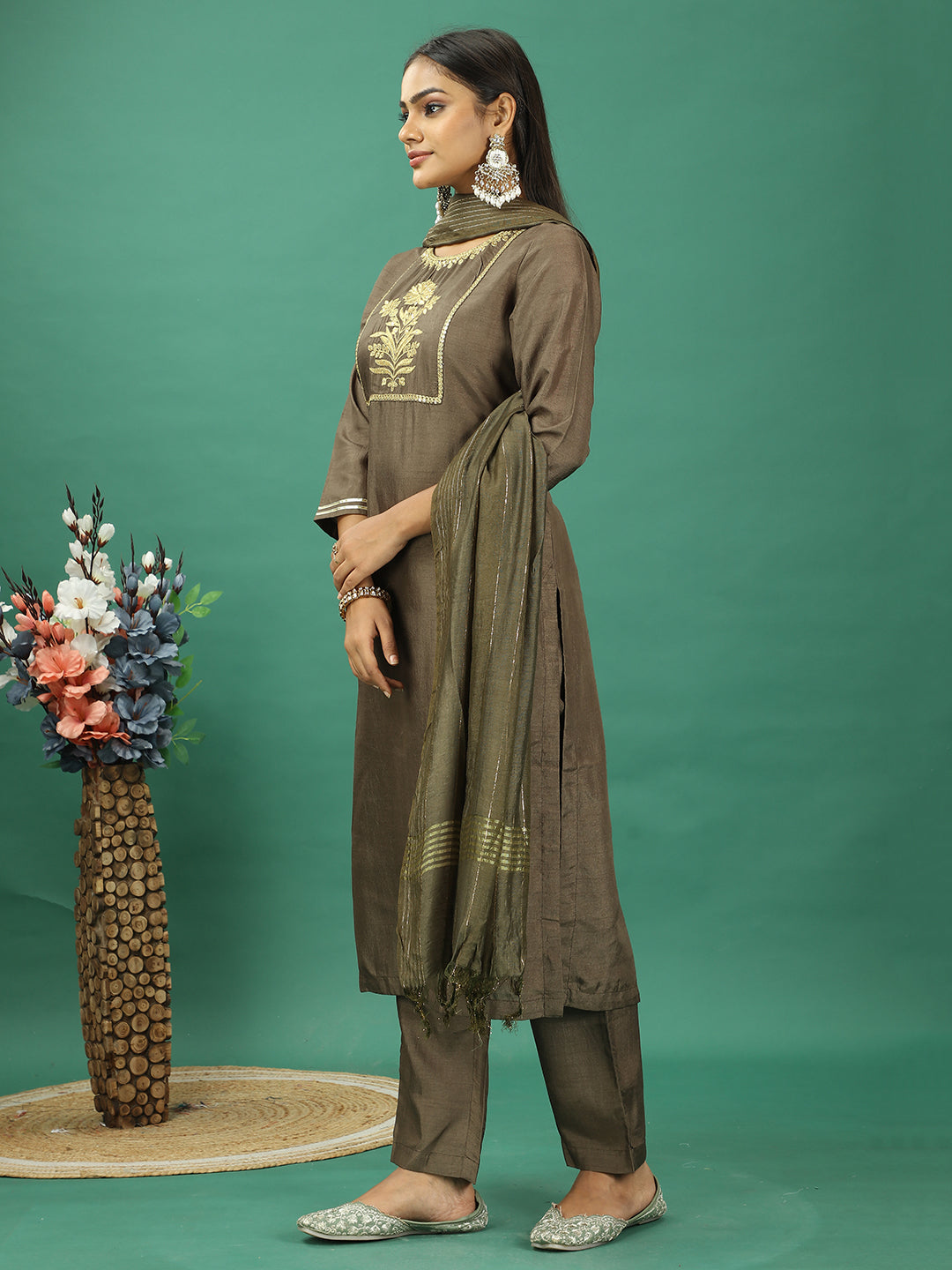 Bollywood Vogue Ready To Wear Green Art Silk Straight Pant Suit - Additional View 1
