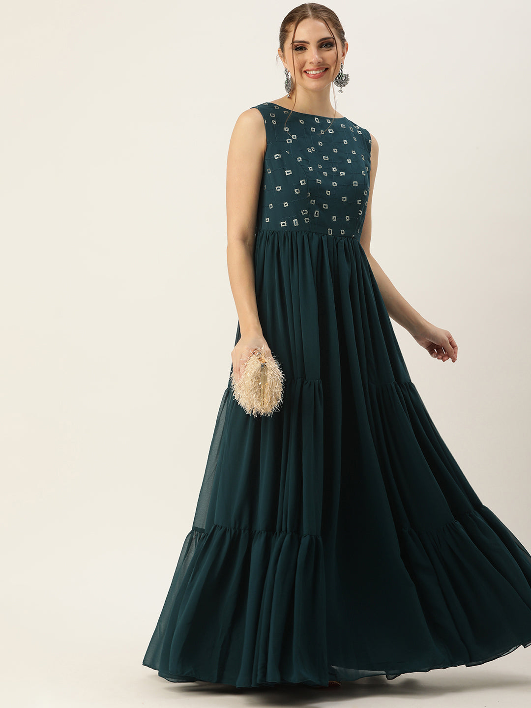Bollywood Vogue Ready To Wear Blue Embroidered Georgette Dress - Front View