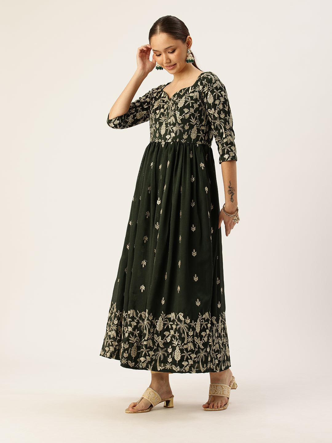 Bollywood Vogue Ready To Wear Green Art Silk Embroidered Anarkali Suit - Side View