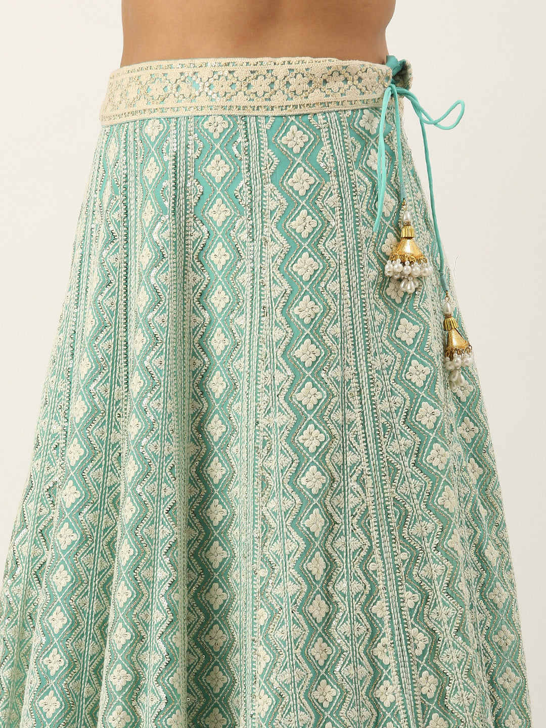 Bollywood Vogue Ready To Wear Off White N Green Embroidered Georgette Lehenga Se - Additional View 2