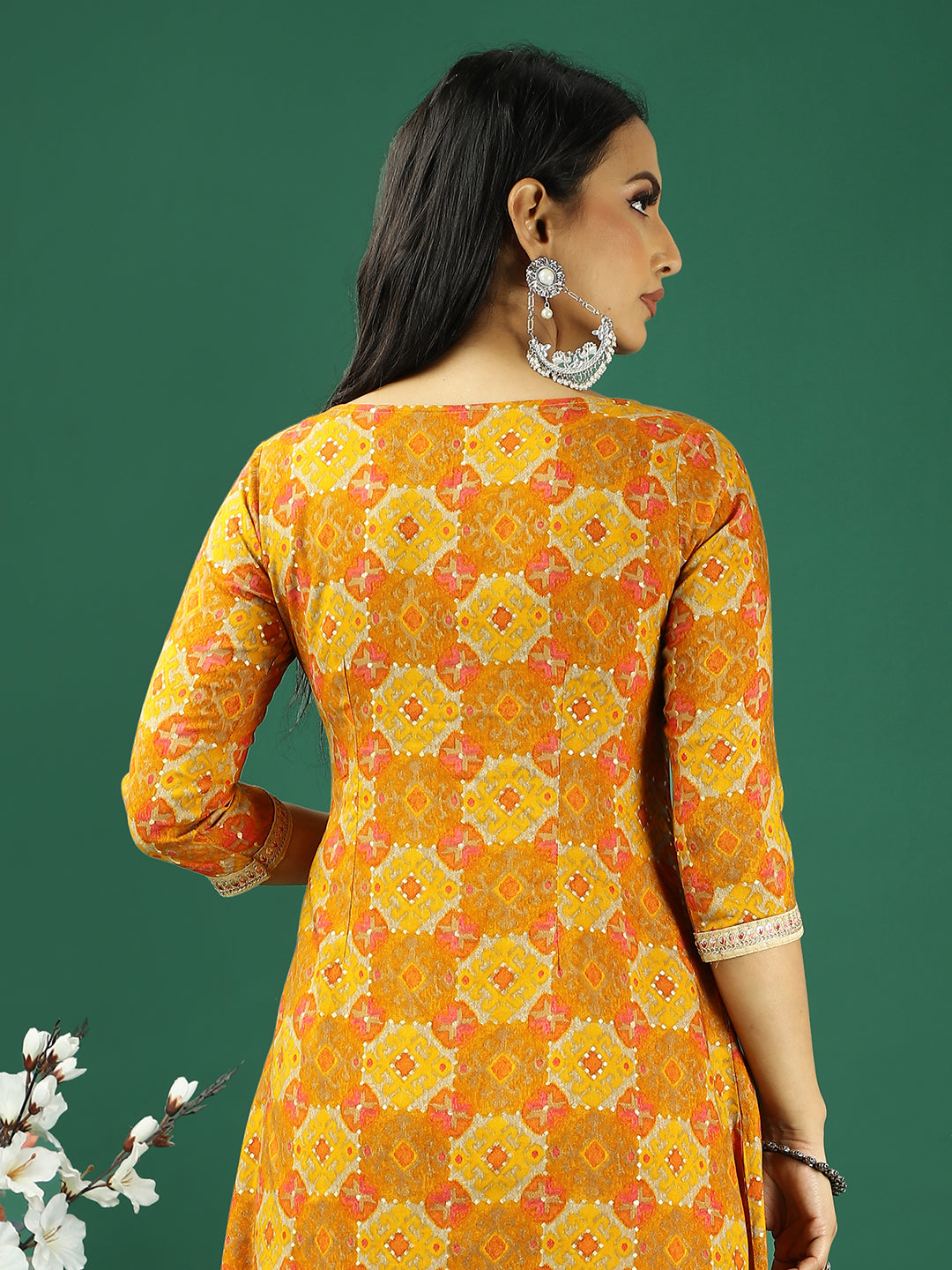 Bollywood Vogue Ready To Wear Yellow Printed Viscose Kurta Straight Pant Set - Detail View