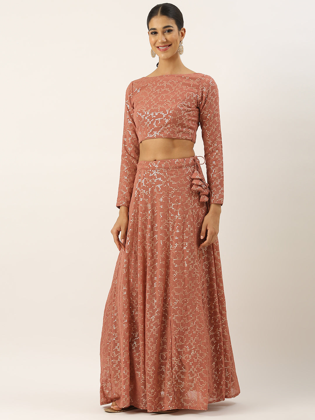 Bollywood Vogue Ready To Wear Pink Georgette Embroidered Lehenga Set - Side View