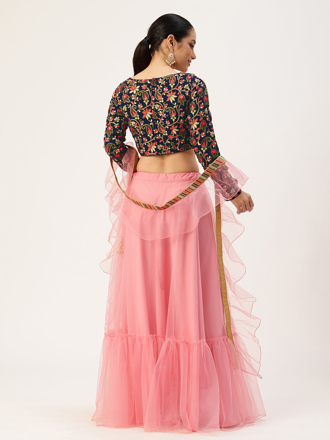 Bollywood Vogue Ready To Wear Blue Embroidered Georgette N Pink Net Lehenga - Back View