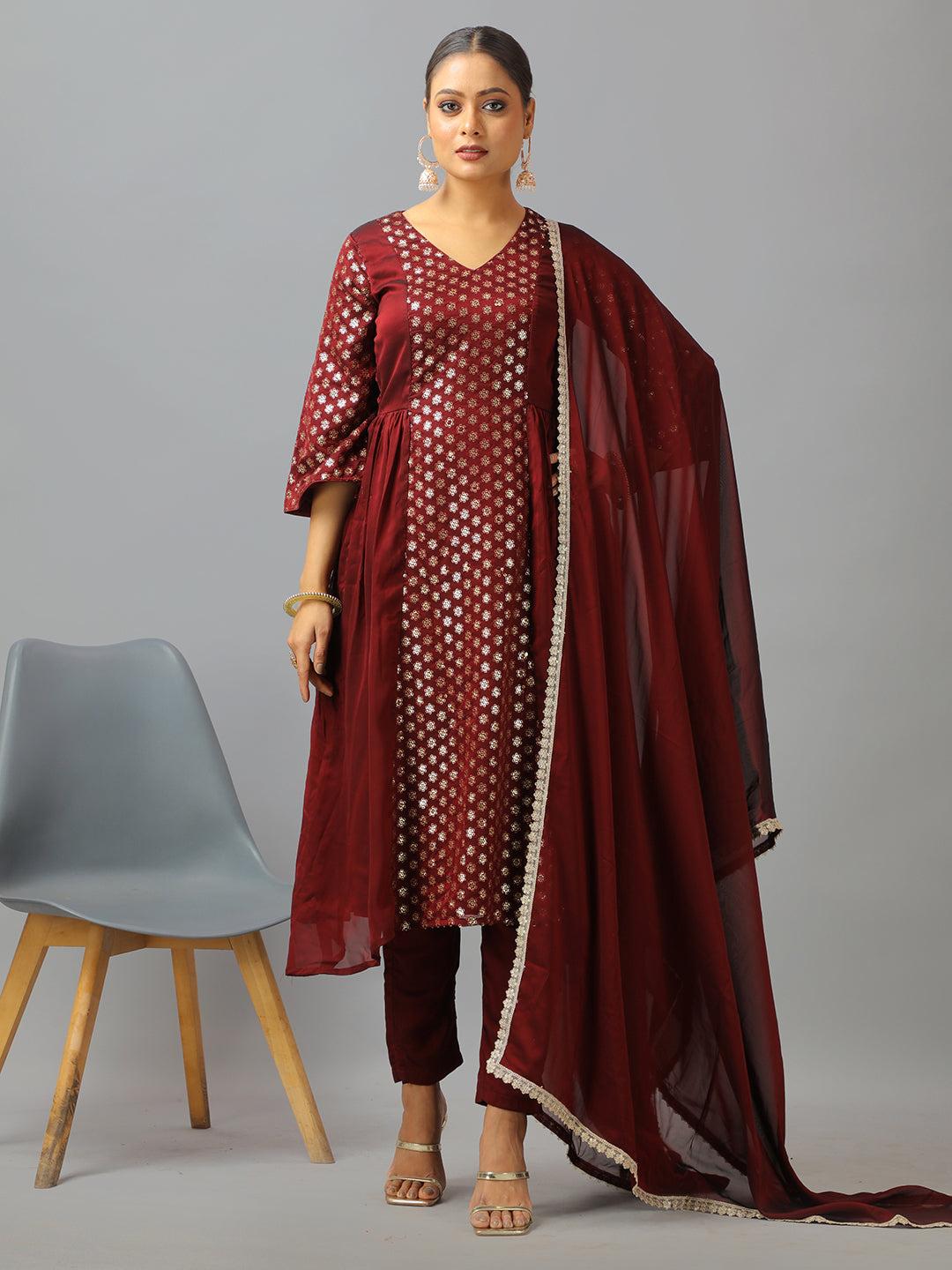 Bollywood Vogue Ready To Wear Dark Brown Silk Embroidered Straight Pant Suit - Front View