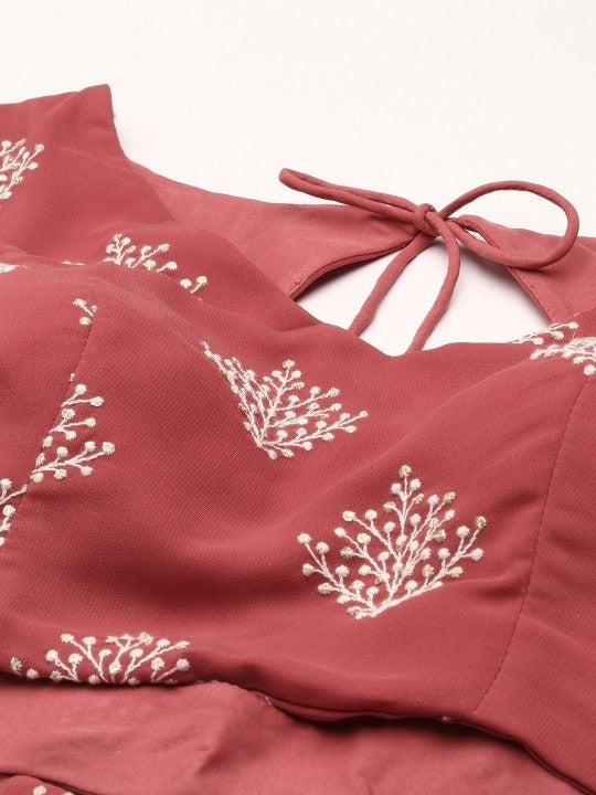 Bollywood Vogue Ready To Wear Mauve Georgette Embroidered  Low V Neck Lehenga Set - Detail View