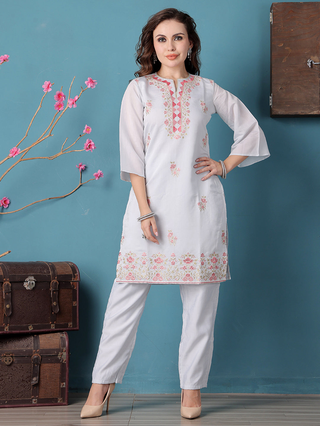 Bollywood Vogue Ready To Wear Pastel Blue Embroidered Straight Pant Suit - Front View
