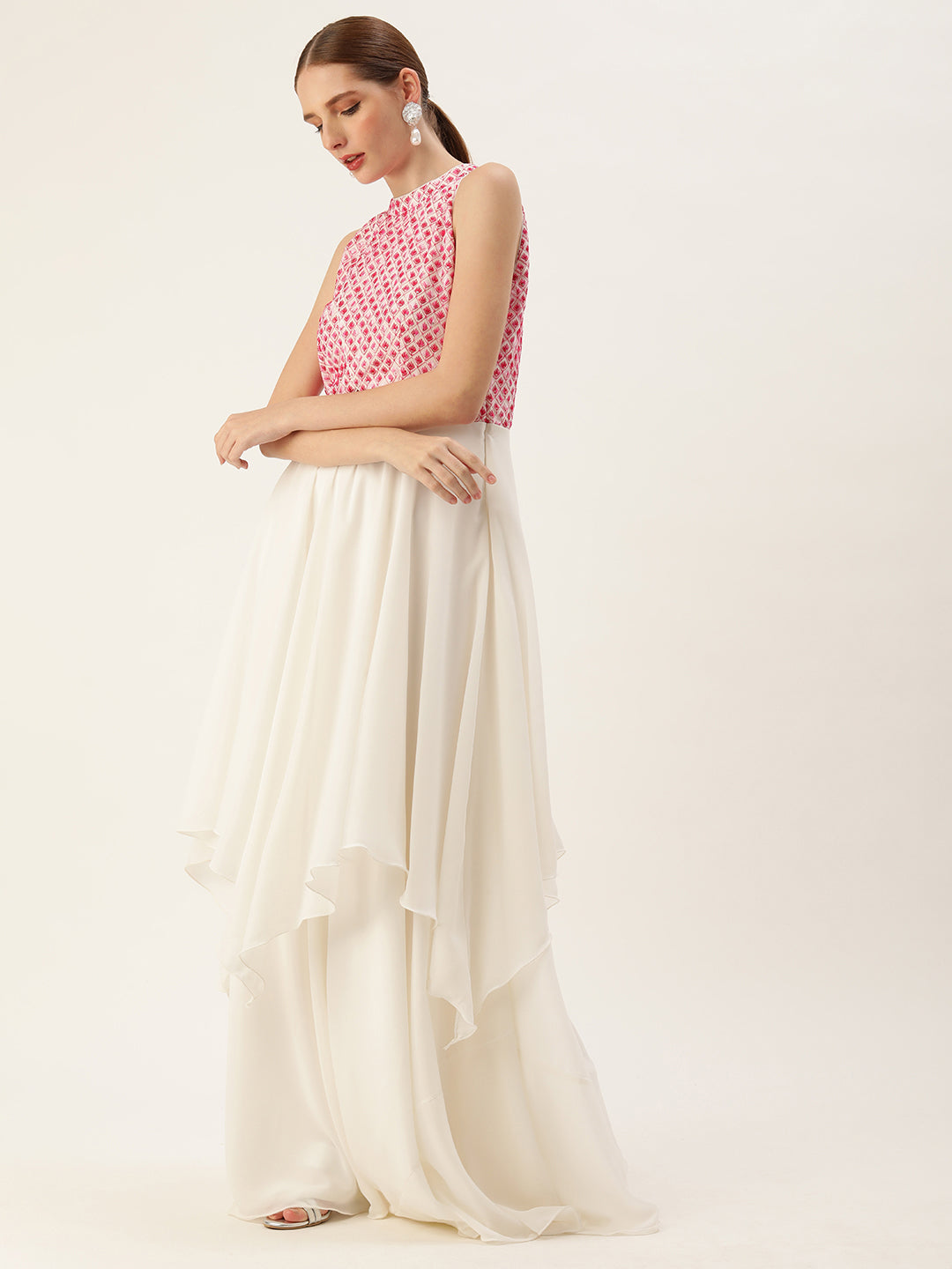 Bollywood Vogue Ready To Wear Off White Embroidered Georgette Halter Neck - Side View