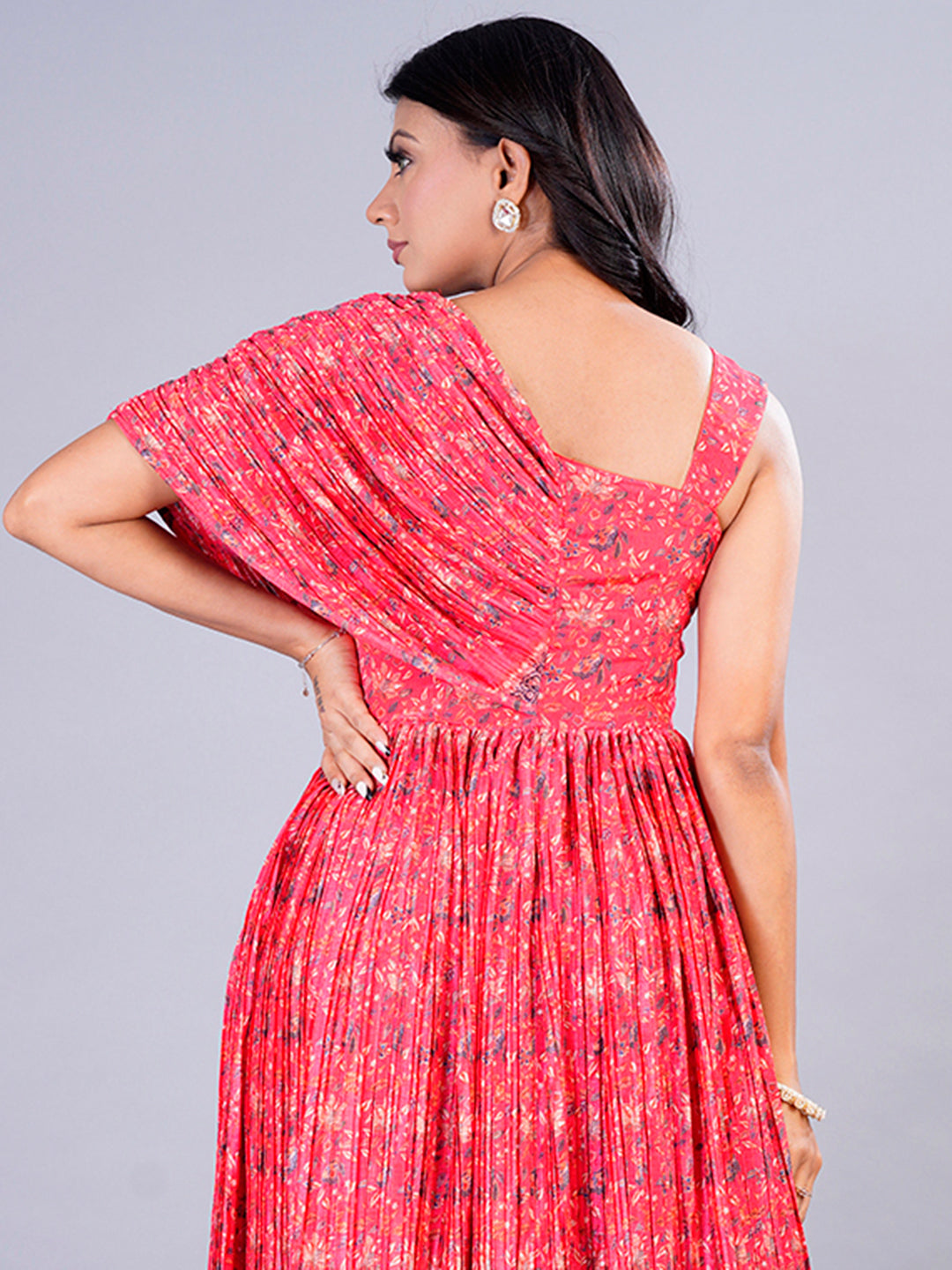 Bollywood Vogue Ready To Wear Red Chinon Digital Printed N Pleated Gown - Look Shot
