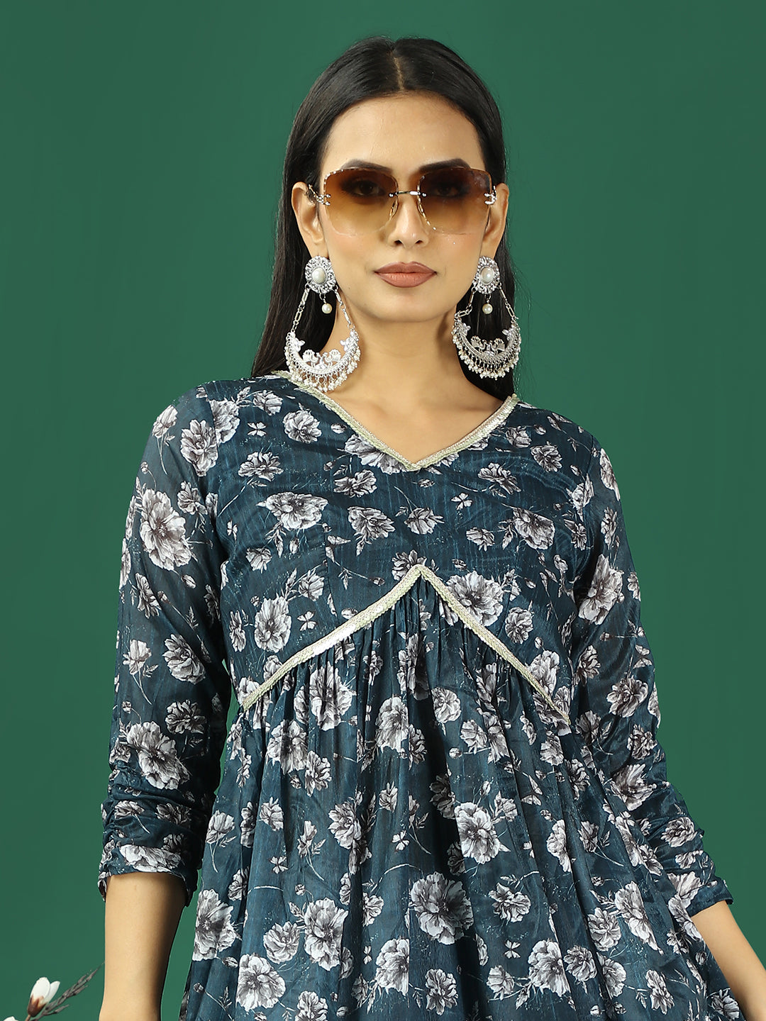 Bollywood Vogue Ready To Wear Blue Chinon Printed Gathered Style Kurta Set - Detail View