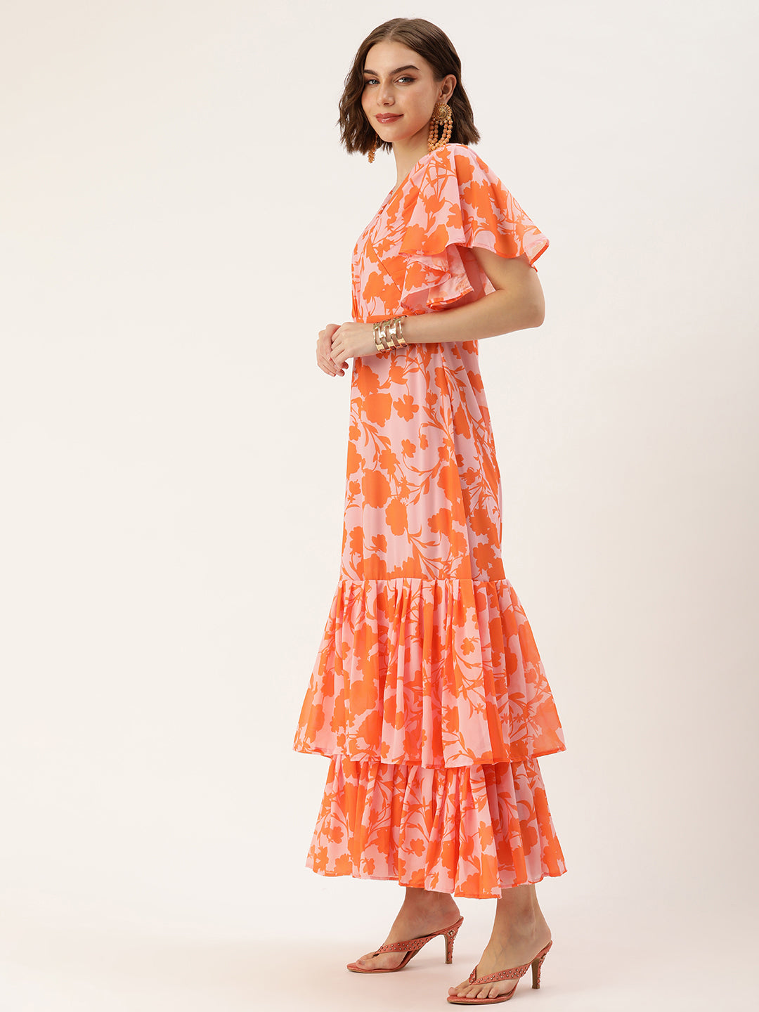 Bollywood Vogue Ready To Wear Pink N Orange Georgette Digital Printed Gown - Side View