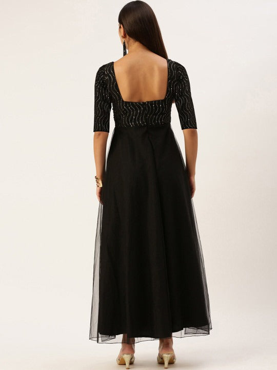 Bollywood Vogue Ready To Wear Black Georgette Embroidered N Net Dress - Back View