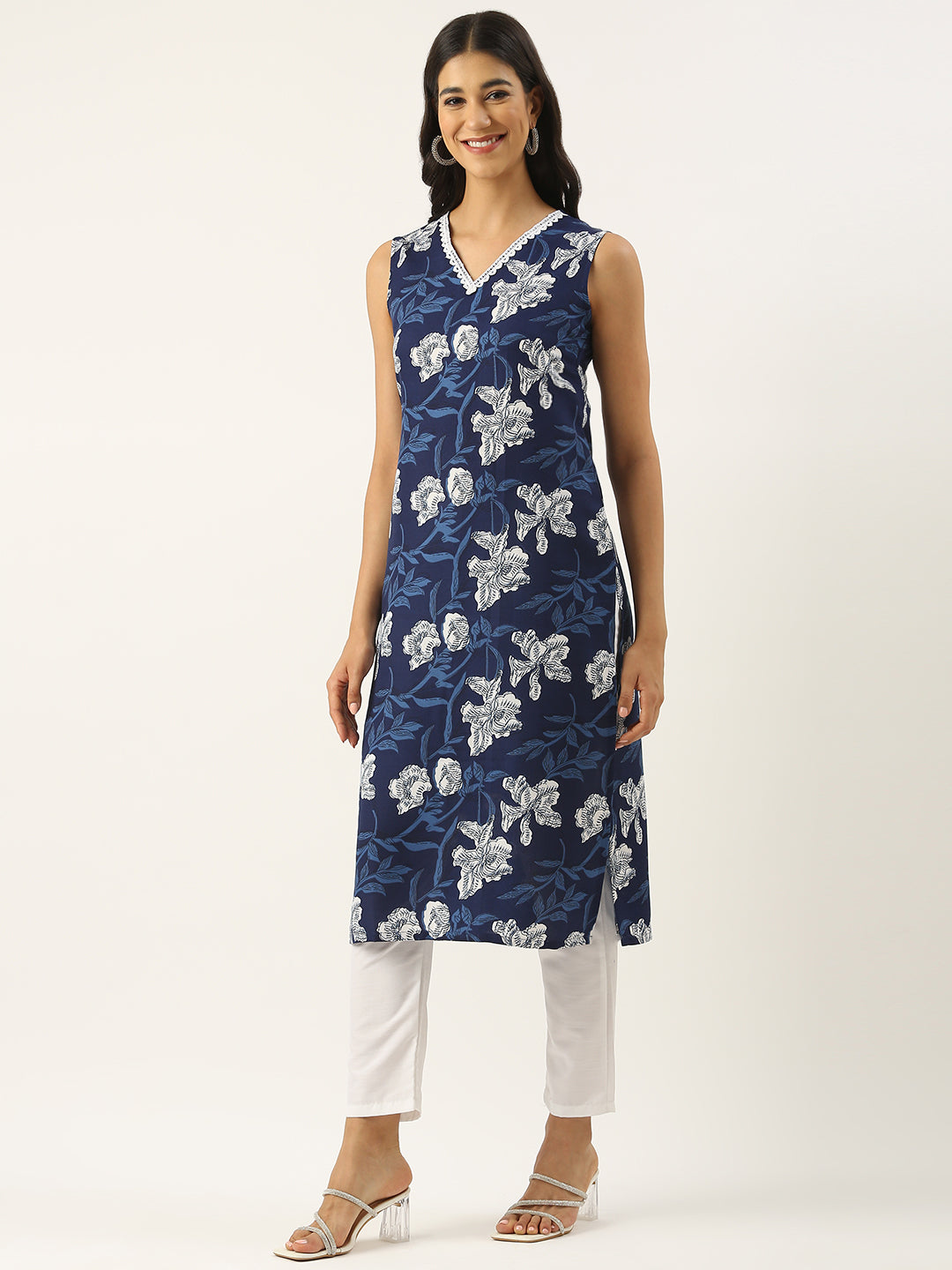 Bollywood Vogue Ready To Wear Blue Rayon Mill Printed Straight Pant Suit - Side View