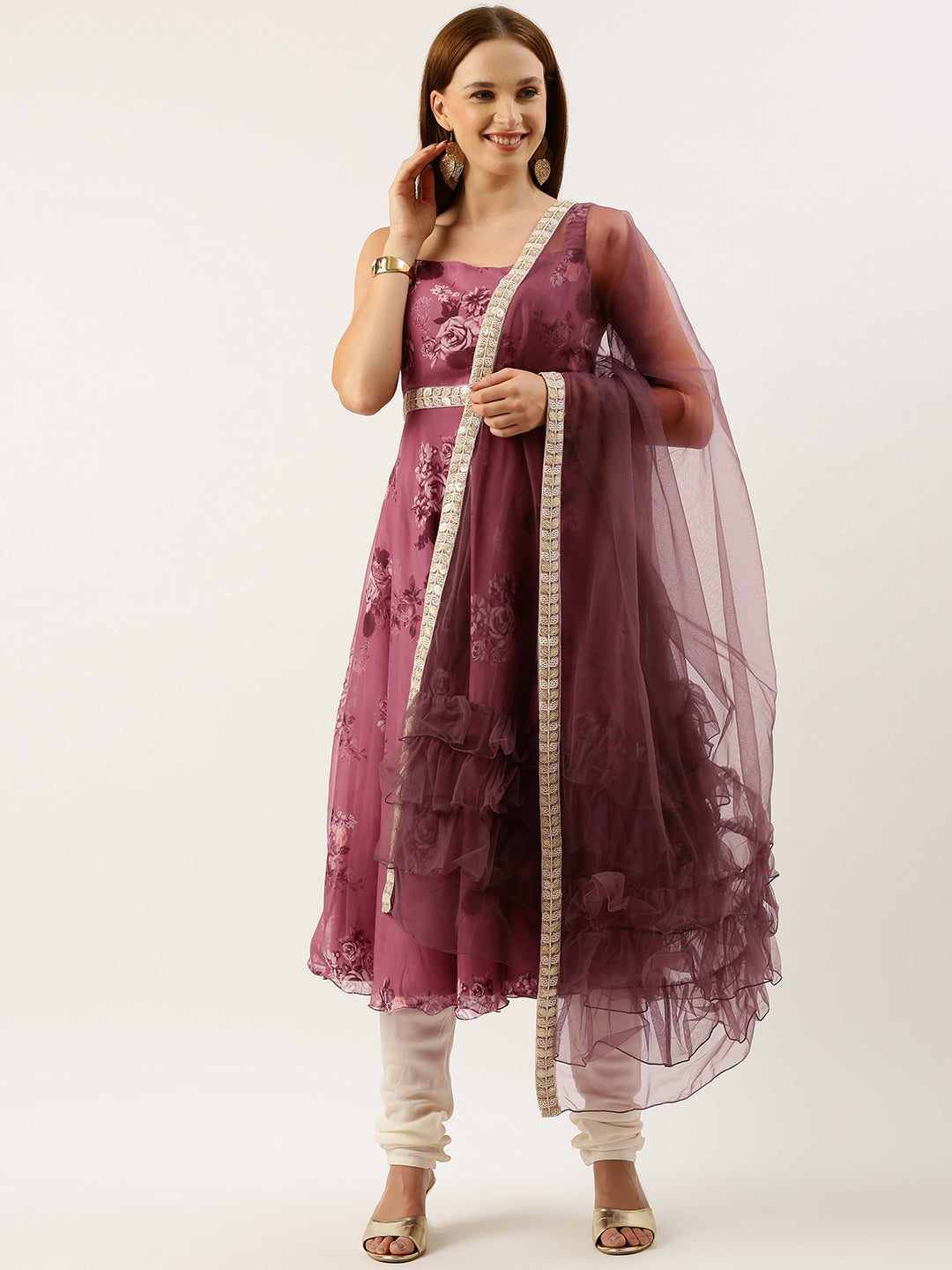 Bollywood Vogue Ready To Wear Mauve Digital Printed Organza Suit Set - Front View