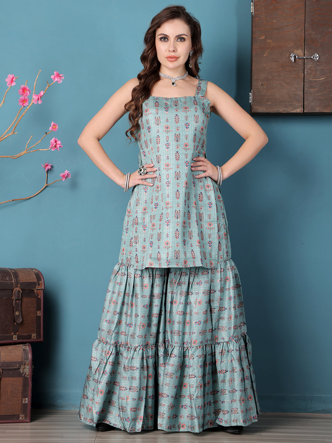 Bollywood Vogue Ready To Wear Green Art Silk Digital Printed Gharara Suit - Additional View 2