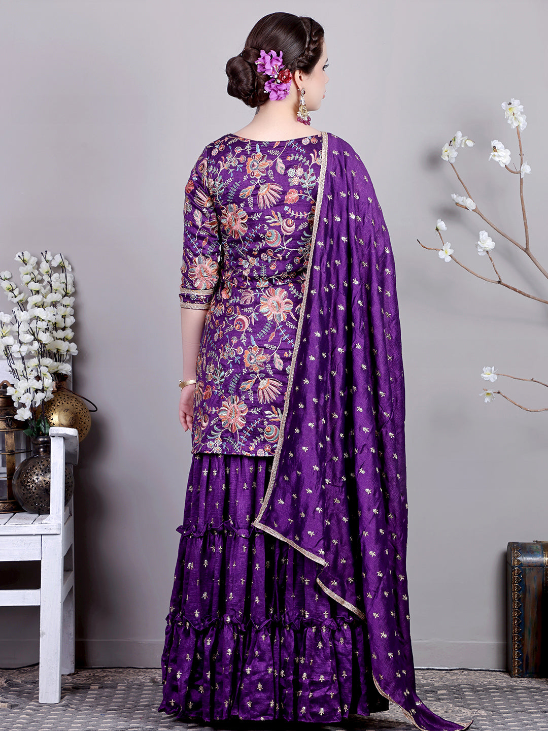 Bollywood Vogue Ready To Wear Classic Top With Purple Art Silk Sharara Suit - Back View