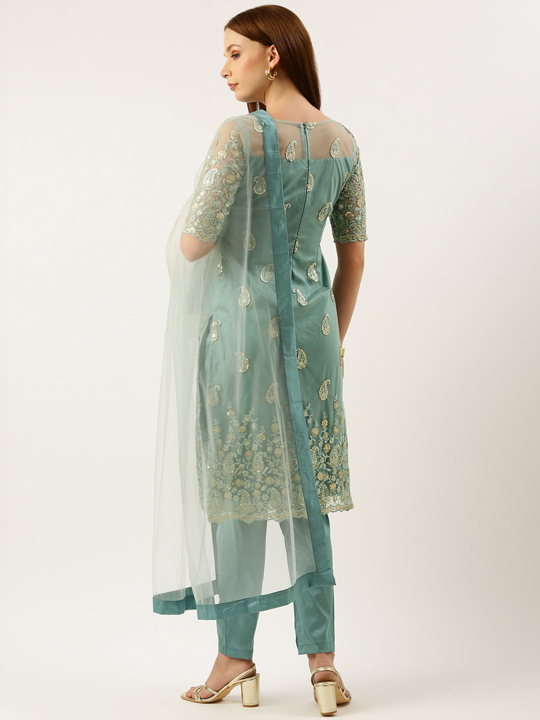 Bollywood Vogue Ready To Wear Light Blue Net Embroidered Salwar Set - Back View