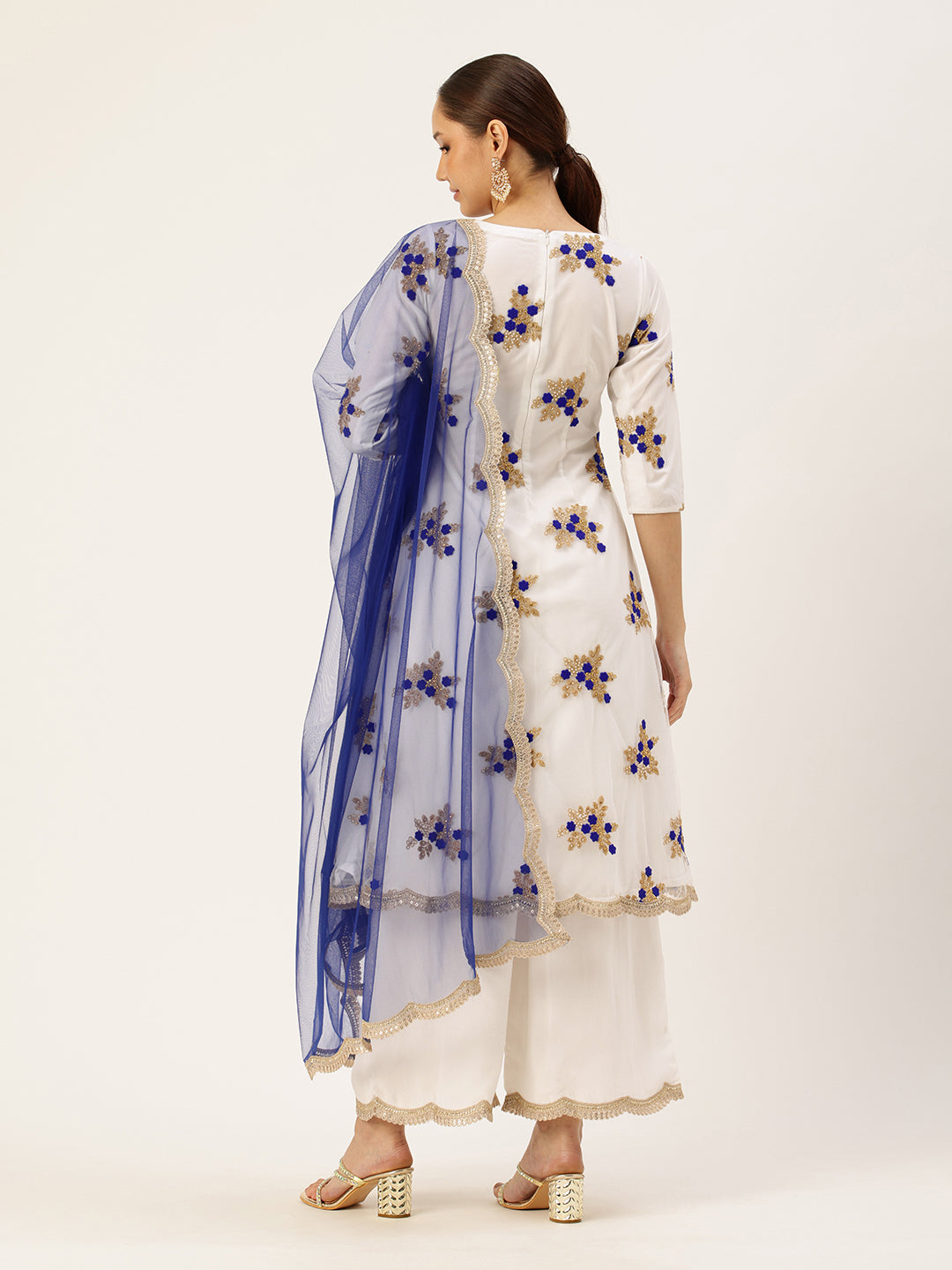 Bollywood Vogue Ready To Wear White Embroidered Net Wide Leg Pant Suit - Back View