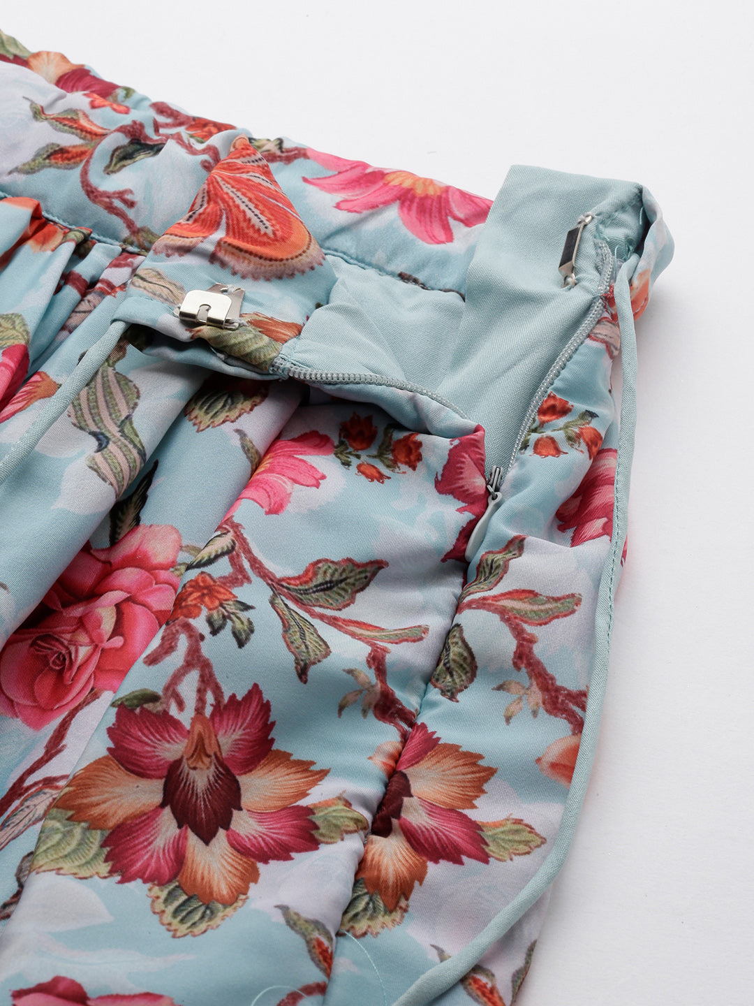 Bollywood Vogue Ready To Wear Sky Blue Art Silk Digital Print Lehenga Set - Look Shot